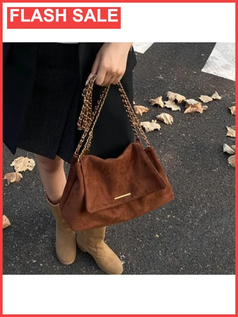 Suede Slouchy Hobo Shoulder Bag with Chain Strap Large Soft